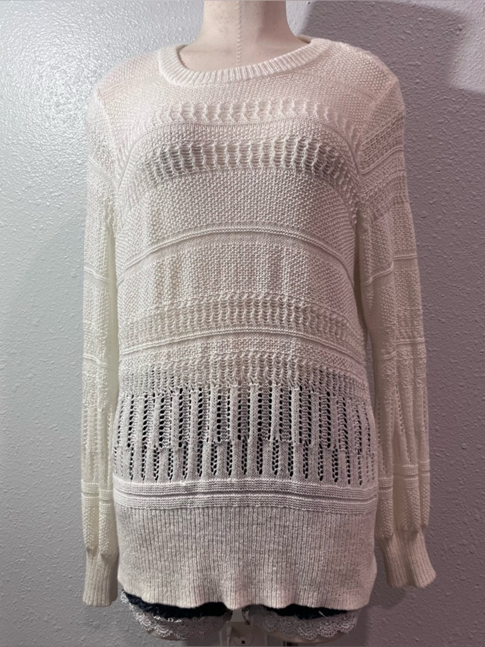 Torrid Womens Ivory Pointelle Pullover Balloon Sleeve Ribbed Hem Sweater Sz 0
